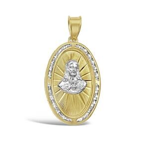 10k Two Tone Gold Jesus Head Oval Pendant CZ Charm 1.5"